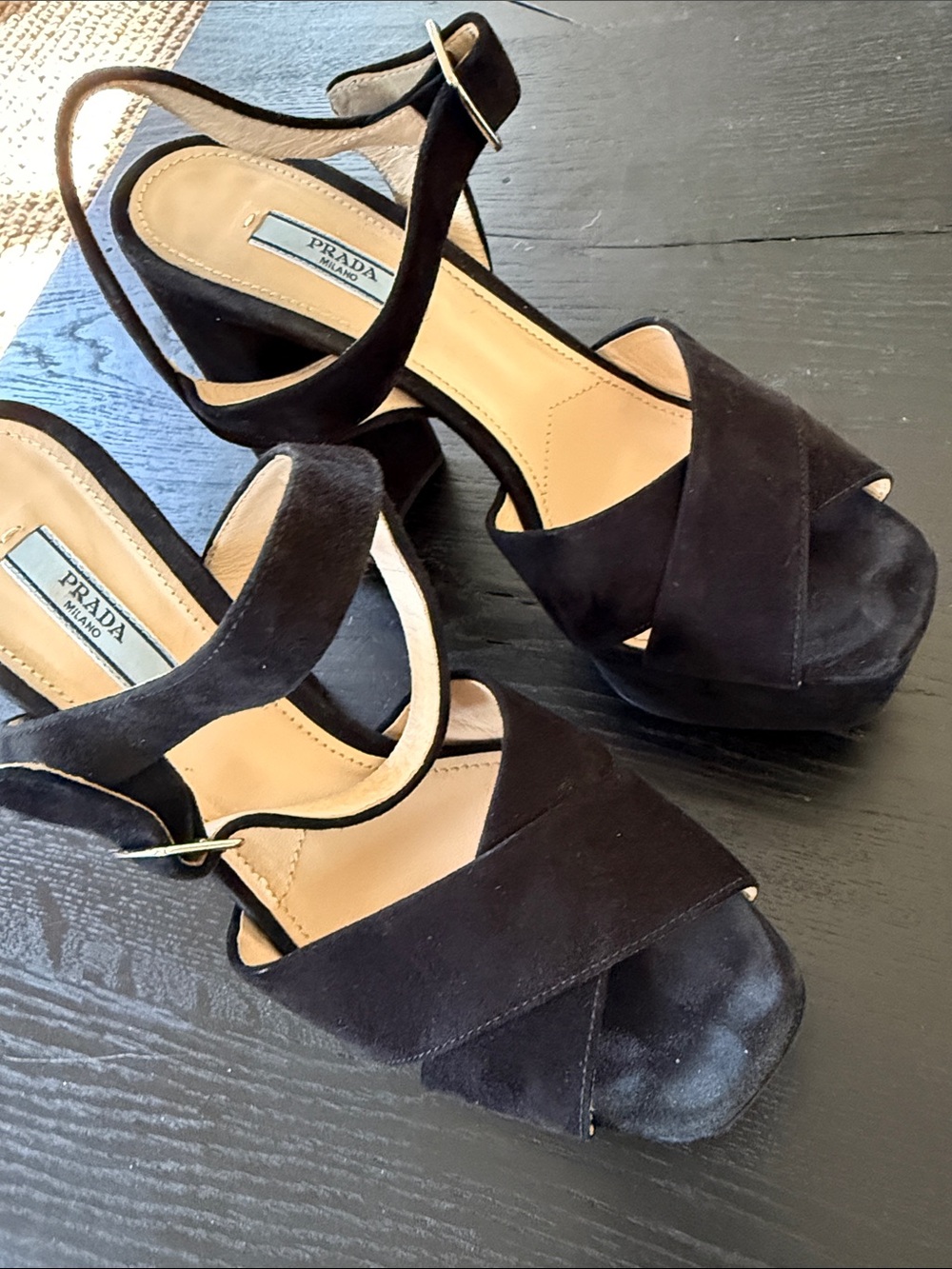 Prada Black Suede Platform Heeled Sandals